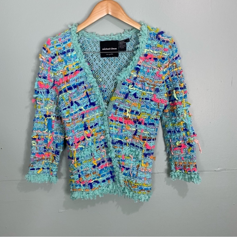 Micheal Simon Blue Confetti Knit Colorful V Neck Cardigan Sz L